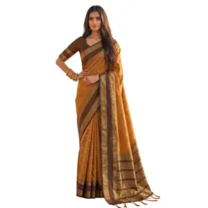 Women's Silk Blend Printed Saree with Blouse – Mustard-Brown