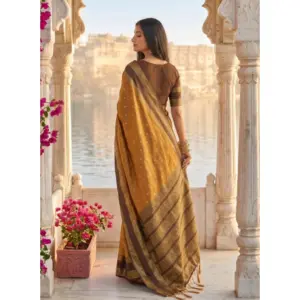 Women's Silk Blend Printed Saree with Blouse – Mustard-Brown