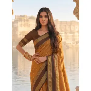 Women's Silk Blend Printed Saree with Blouse – Mustard-Brown