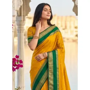 Women's Silk Blend Printed Saree with Blouse – Yellow-Green