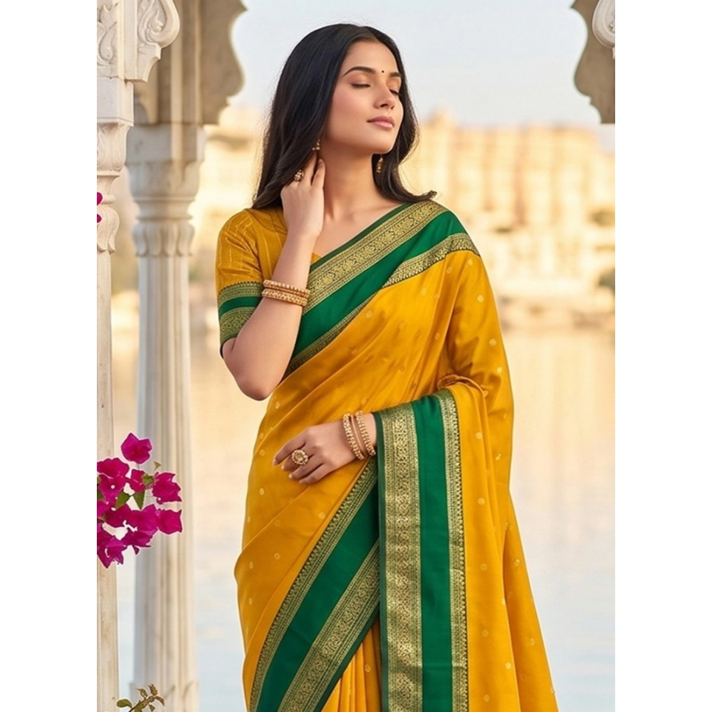 Women's Silk Blend Printed Saree with Blouse – Yellow-Green