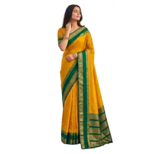 Women's Silk Blend Printed Saree with Blouse – Yellow-Green