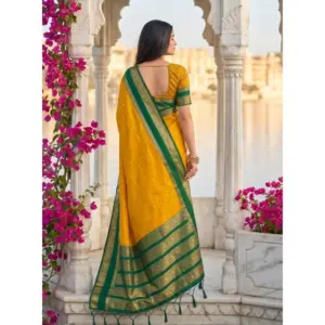 Women's Silk Blend Printed Saree with Blouse – Yellow-Green