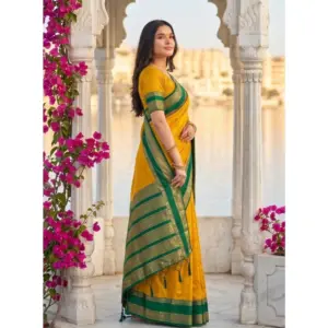 Women's Silk Blend Printed Saree with Blouse – Yellow-Green