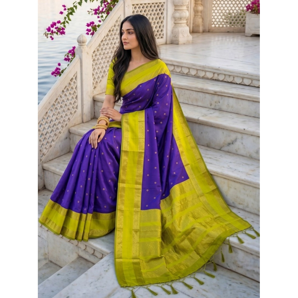 Women's Silk Blend Printed Saree with Blouse – Purple-Green