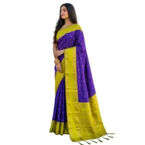 Women's Silk Blend Printed Saree with Blouse – Purple-Green