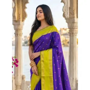 Women's Silk Blend Printed Saree with Blouse – Purple-Green