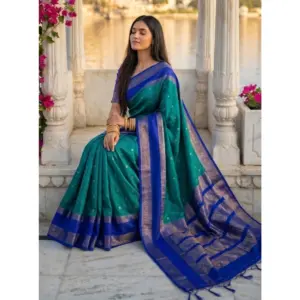 Women's Silk Blend Printed Saree with Blouse – Teal-Blue