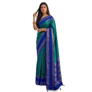 Women's Silk Blend Printed Saree with Blouse – Teal-Blue