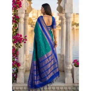 Women's Silk Blend Printed Saree with Blouse – Teal-Blue