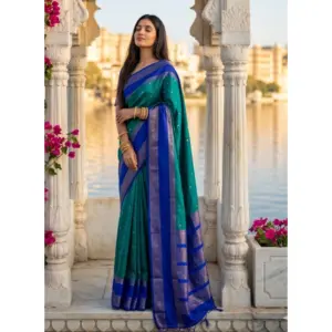 Women's Silk Blend Printed Saree with Blouse – Teal-Blue