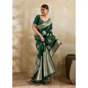Women's Silk Blend Printed Saree with Blouse – Dark Green