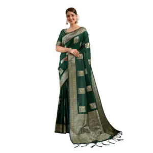 Women's Silk Blend Printed Saree with Blouse – Dark Green