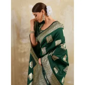 Women's Silk Blend Printed Saree with Blouse – Dark Green