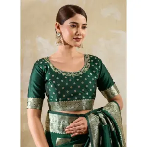 Women's Silk Blend Printed Saree with Blouse – Dark Green