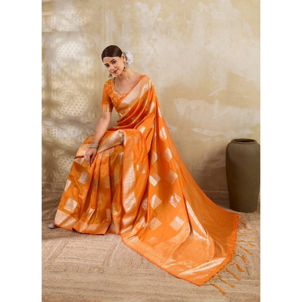 Women's Silk Blend Printed Saree with Blouse – Orange