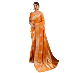 Women's Silk Blend Printed Saree with Blouse – Orange
