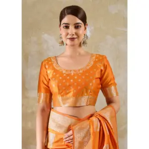 Women's Silk Blend Printed Saree with Blouse – Orange