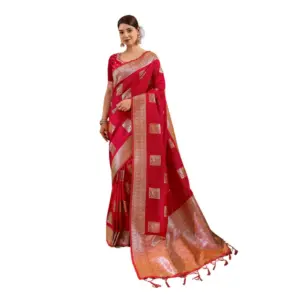 Women's Silk Blend Printed Saree with Blouse – Red