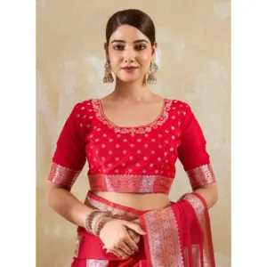 Women's Silk Blend Printed Saree with Blouse – Red