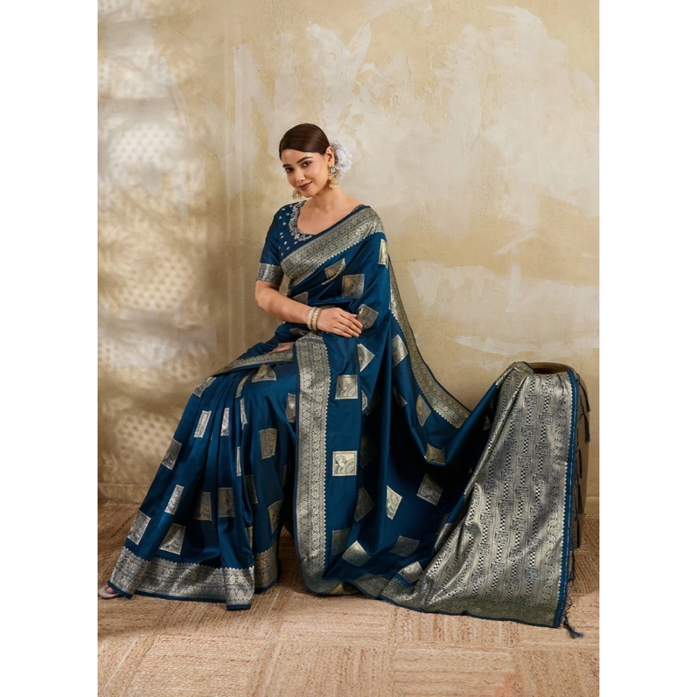 Women's Silk Blend Printed Saree with Blouse – Teal Blue