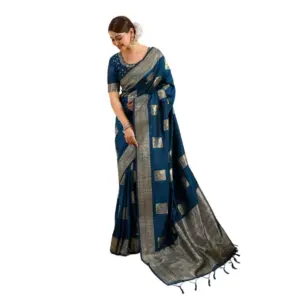 Women's Silk Blend Printed Saree with Blouse – Teal Blue