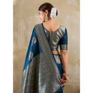 Women's Silk Blend Printed Saree with Blouse – Teal Blue