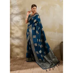 Women's Silk Blend Printed Saree with Blouse – Teal Blue