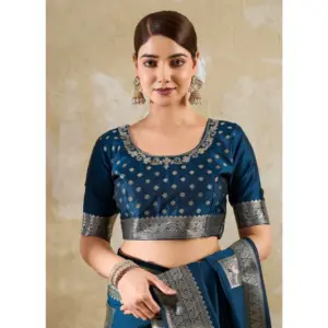 Women's Silk Blend Printed Saree with Blouse – Teal Blue