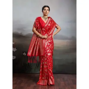 Women's Silk Blend Printed Saree with Blouse – Red