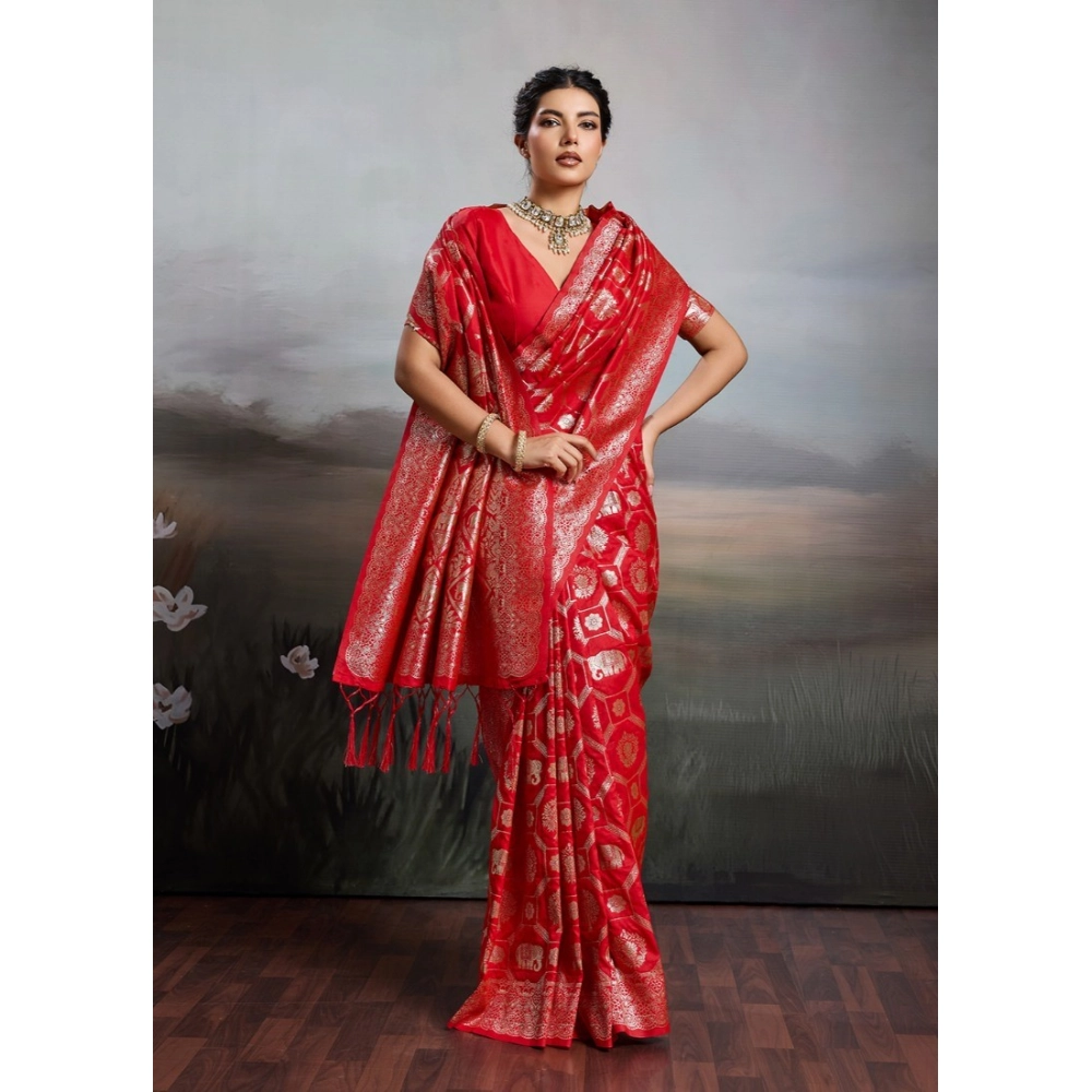Women's Silk Blend Printed Saree with Blouse – Red