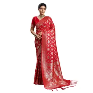 Women's Silk Blend Printed Saree with Blouse – Red