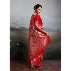 Women's Silk Blend Printed Saree with Blouse – Red
