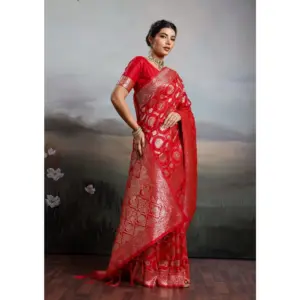 Women's Silk Blend Printed Saree with Blouse – Red