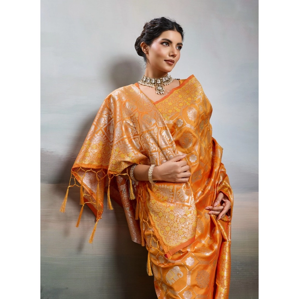 Women's Silk Blend Printed Saree with Blouse – Orange