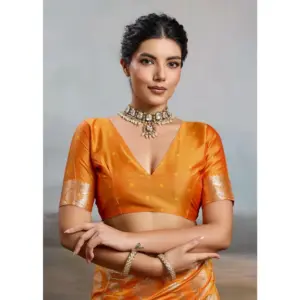 Women's Silk Blend Printed Saree with Blouse – Orange