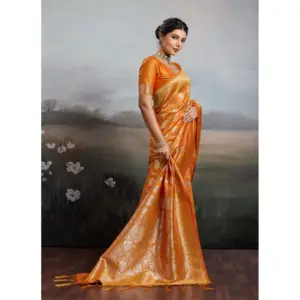 Women's Silk Blend Printed Saree with Blouse – Orange
