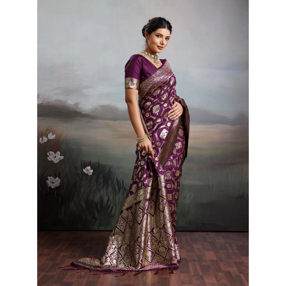 Women's Silk Blend Printed Saree with Blouse – Wine