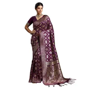 Women's Silk Blend Printed Saree with Blouse – Wine