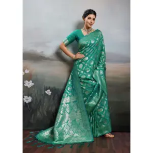 Women's Silk Blend Printed Saree with Blouse – Rama Green