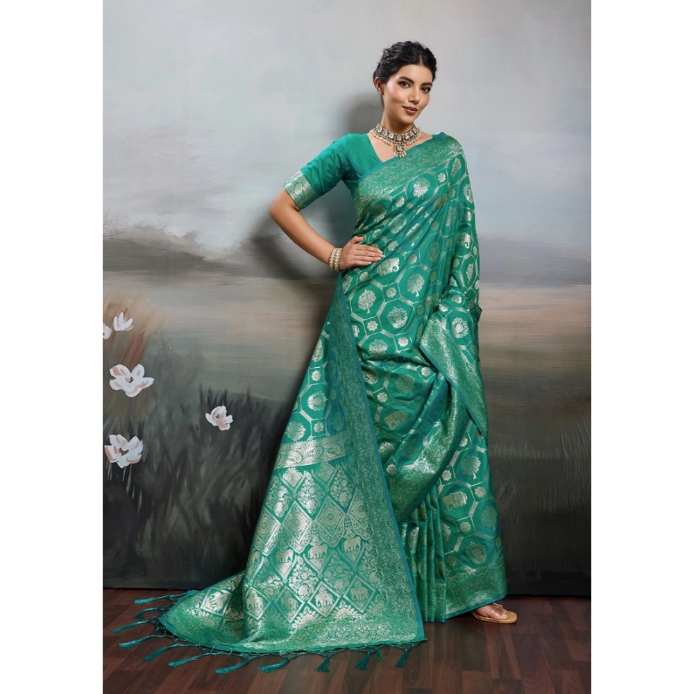 Women's Silk Blend Printed Saree with Blouse – Rama Green