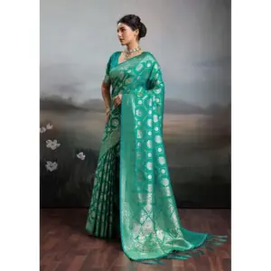 Women's Silk Blend Printed Saree with Blouse – Rama Green