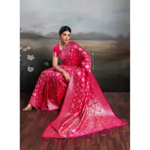 Women's Silk Blend Printed Saree with Blouse – Pink