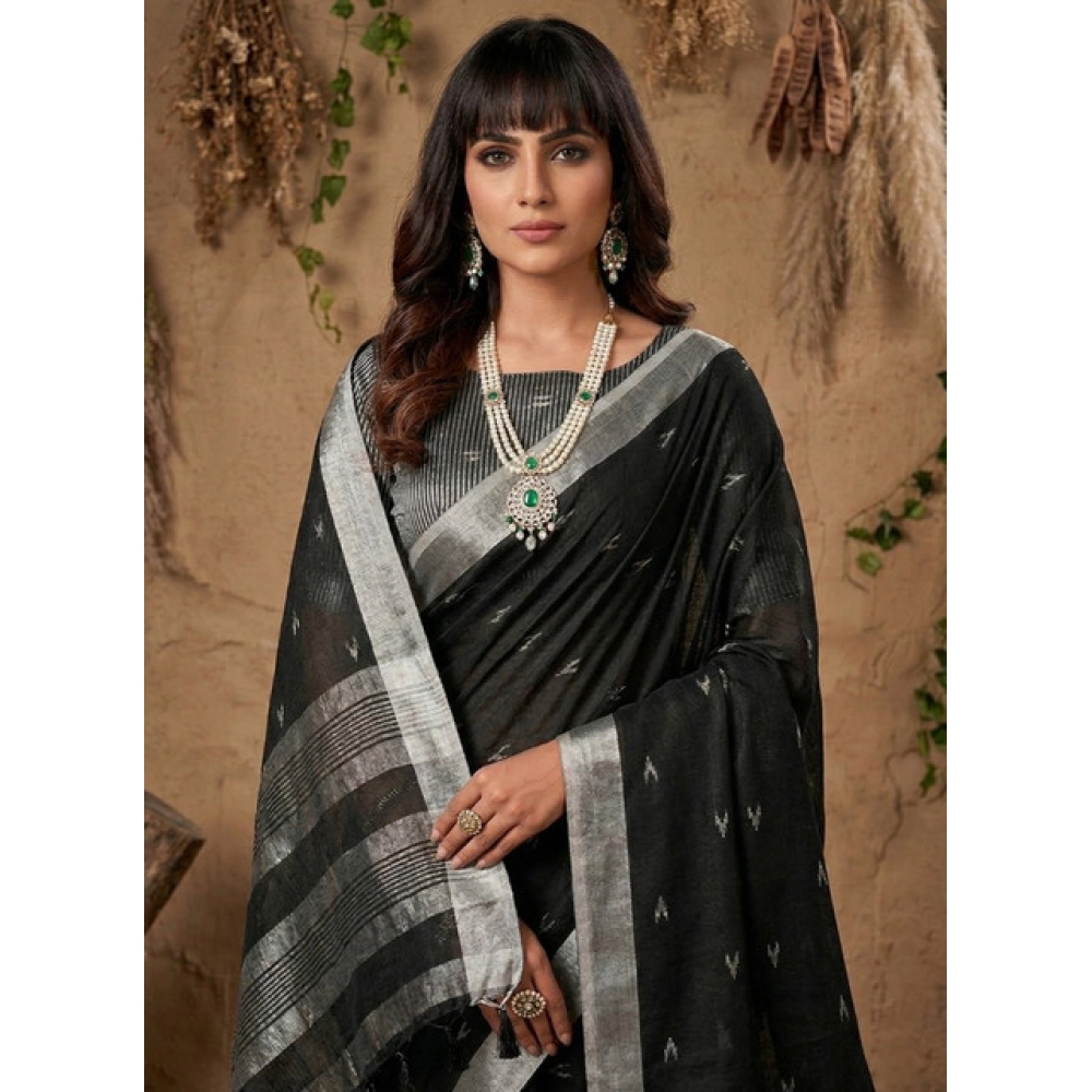 Women's Linen Cotton Printed Saree with Blouse – Black