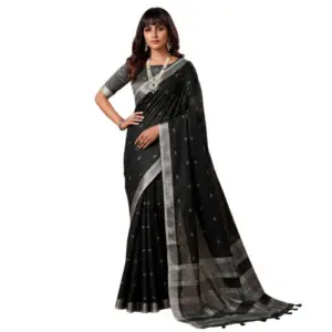 Women's Linen Cotton Printed Saree with Blouse – Black