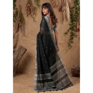 Women's Linen Cotton Printed Saree with Blouse – Black