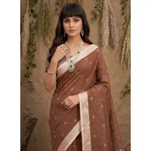 Women's Linen Cotton Printed Saree with Blouse – Brown