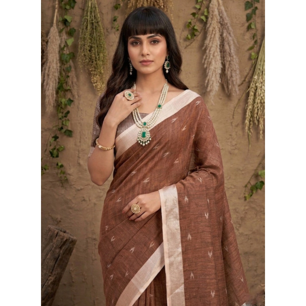 Women's Linen Cotton Printed Saree with Blouse – Brown