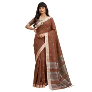 Women's Linen Cotton Printed Saree with Blouse – Brown