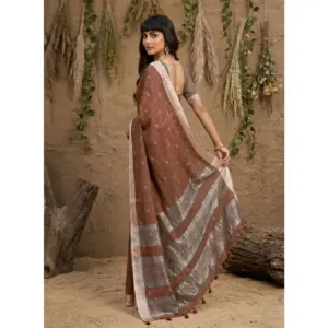 Women's Linen Cotton Printed Saree with Blouse – Brown